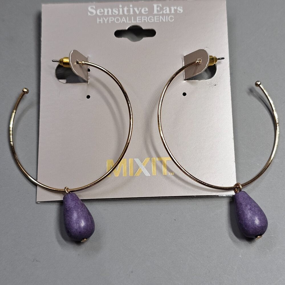 MIXIT Sensitive Ears Goldtone Hoop Earrings Purple Teardrops Hypoallergenic NEW